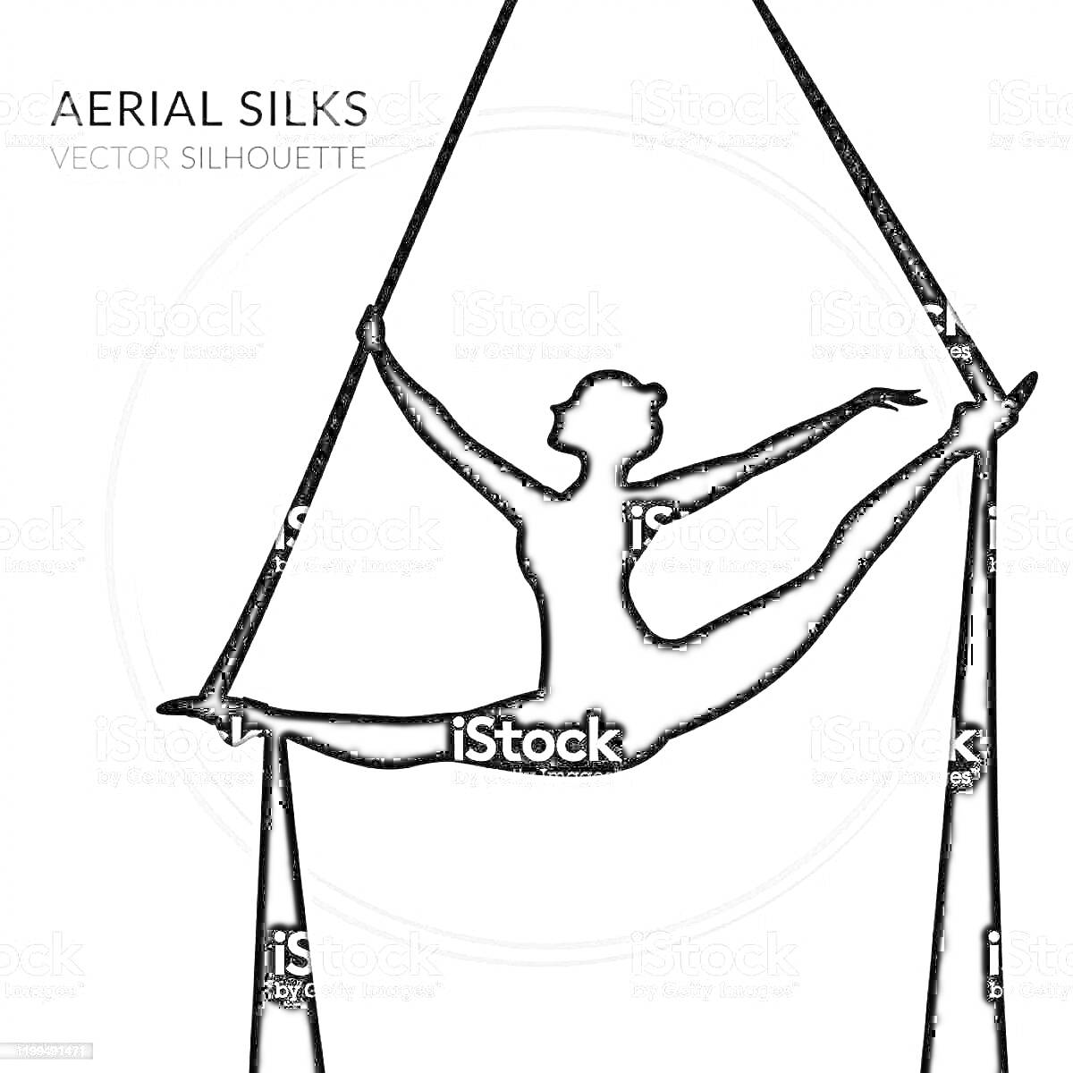 Раскраска Силуэт воздушной гимнастки на полотнах с текстом 