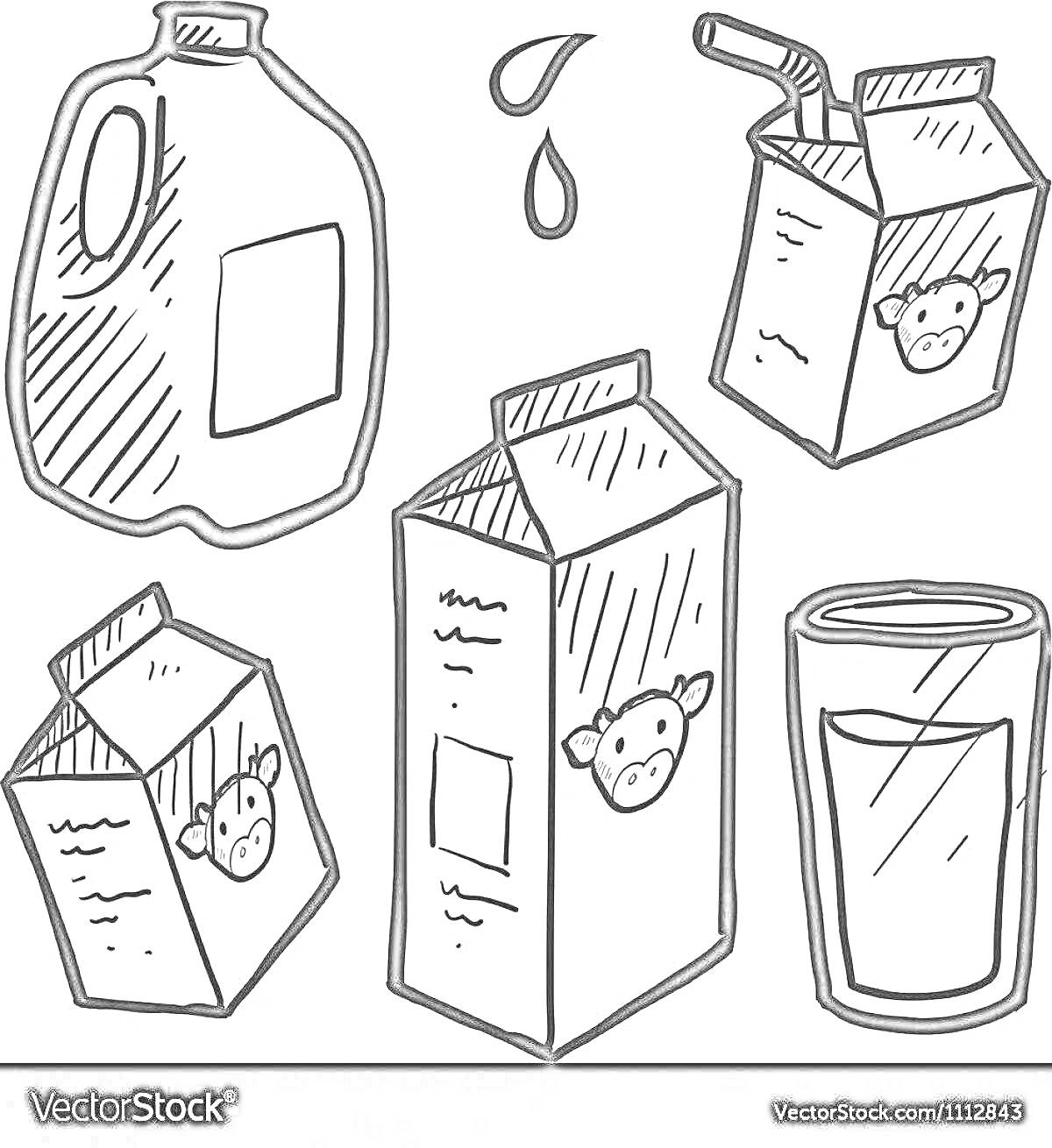 Раскраска Упаковка для молочных продуктов с молоком в разных контейнерах, капли молока и стакан молока
