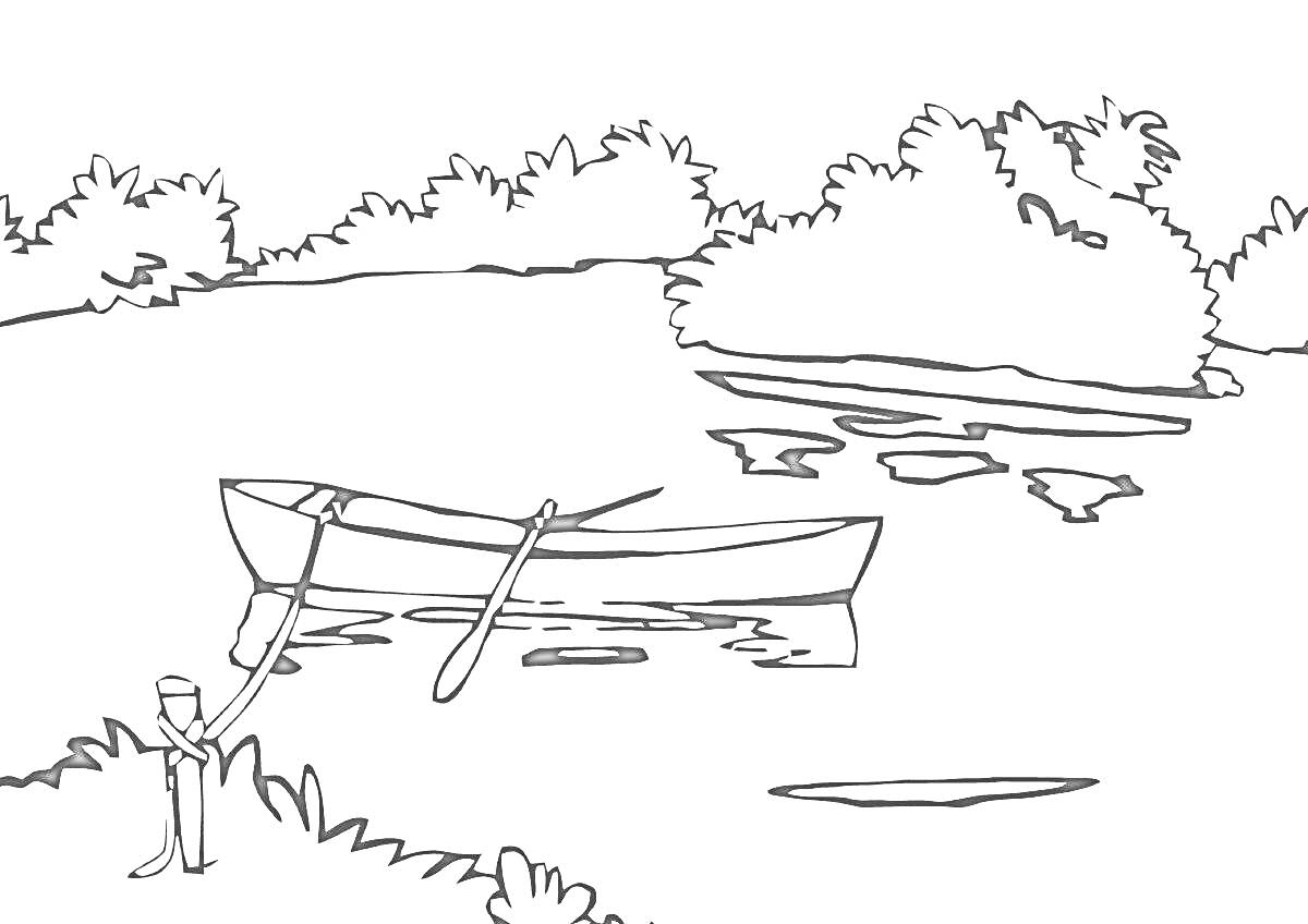 На раскраске изображено: Озеро, Лодка, Лилии, Вода, Кусты, Весла, Природа