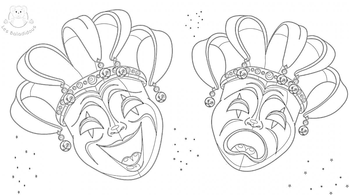 Раскраска Маски радости и печали в коронах с колокольчиками