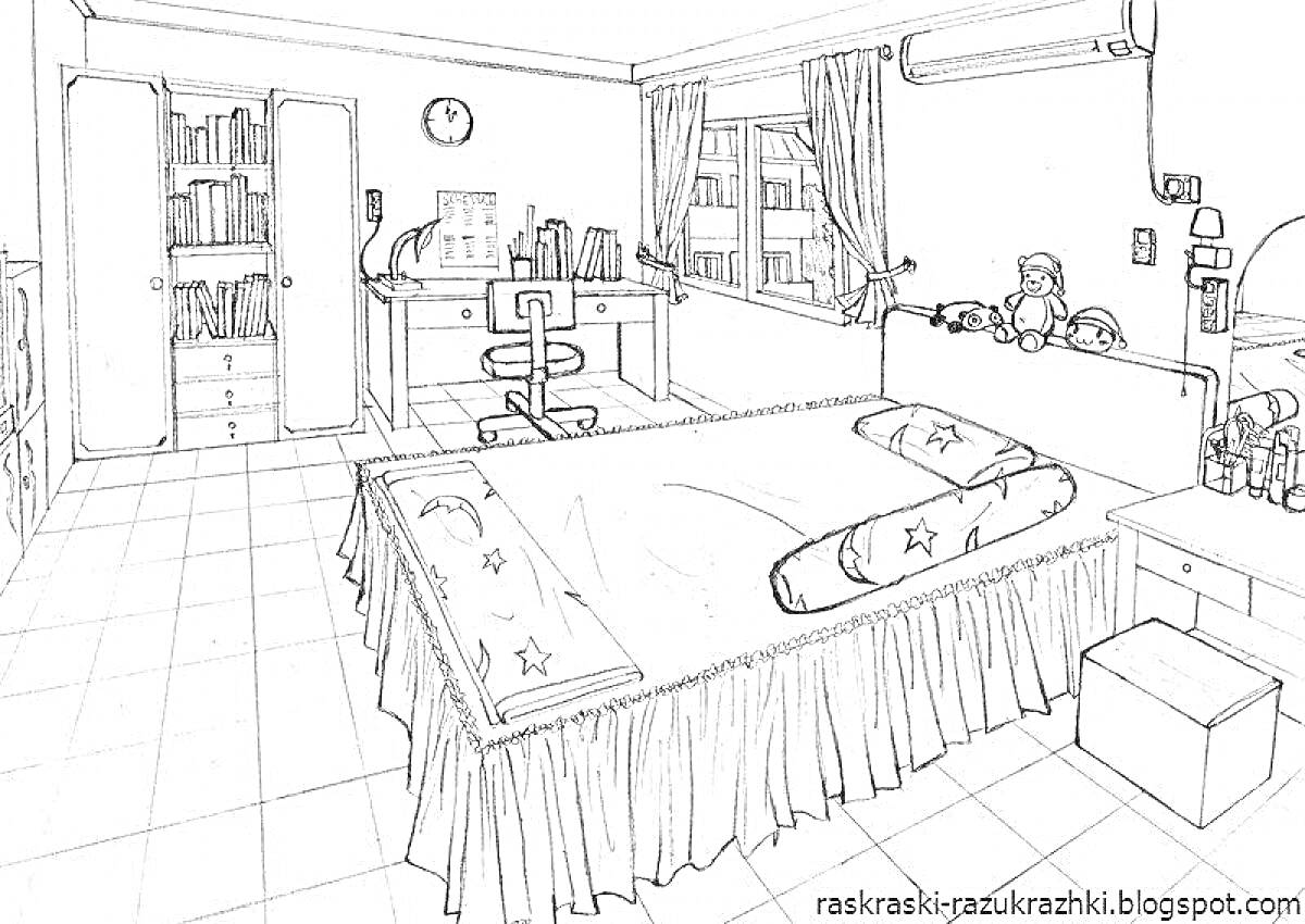 На раскраске изображено: Спальня, Письменный стол, Стул, Полки, Шторы, Кондиционер, Лампа, Настенные часы, Мебель