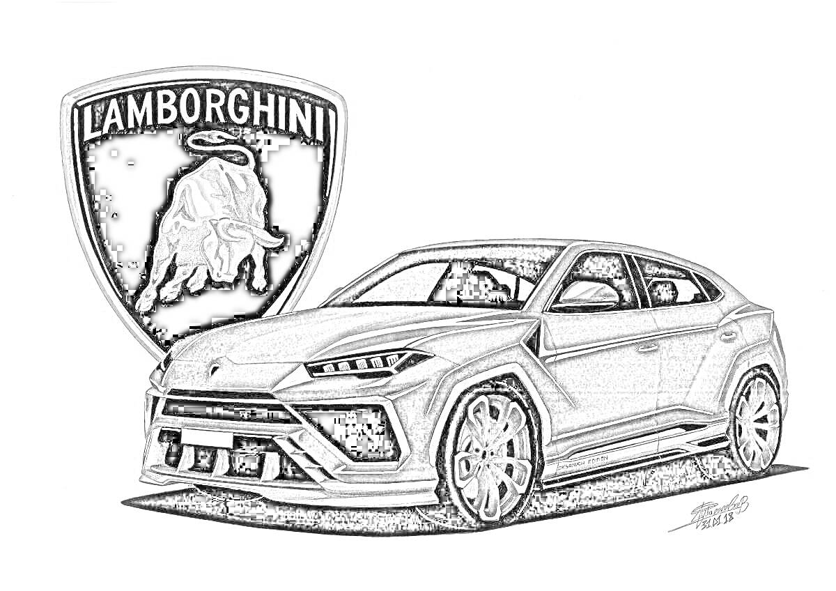 урус ламборджини, изображён автомобиль Lamborghini Urus сбоку, на заднем плане крупный логотип Lamborghini