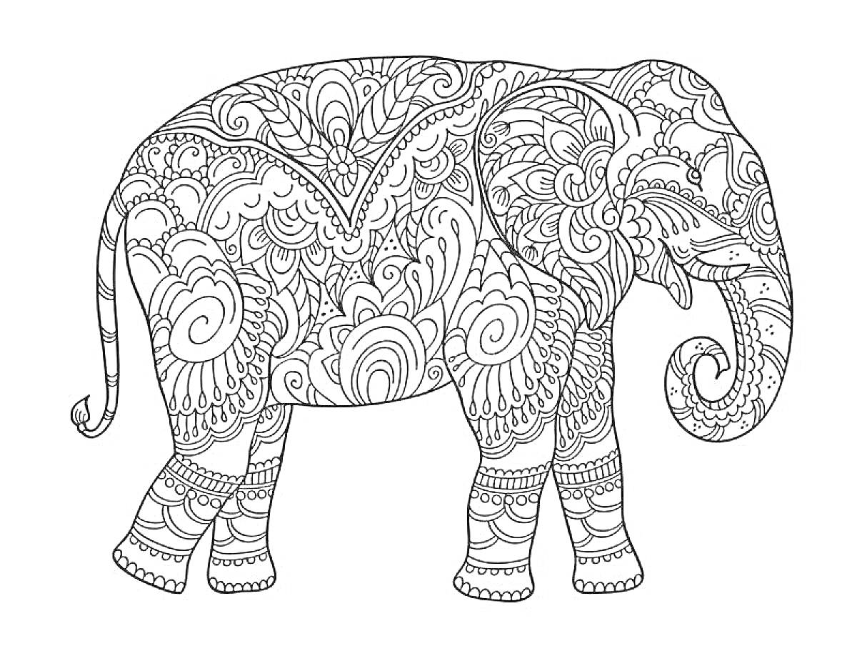 РаскраскаИндийский слон с узорами для раскрашивания