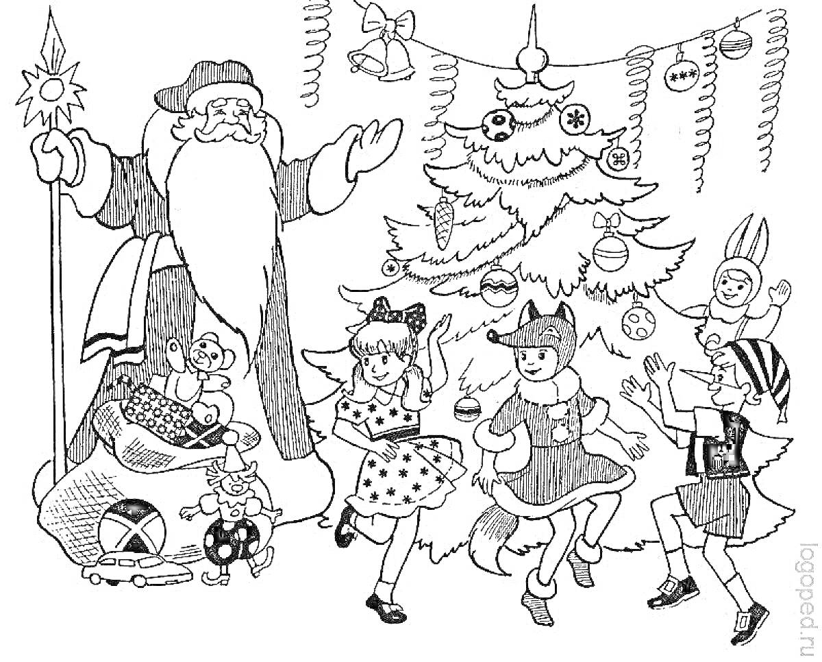 Раскраска Дед Мороз и детский новогодний праздник возле елки с игрушками, дети в костюмах танцуют