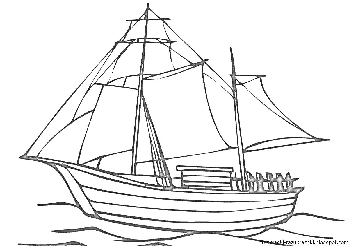 На раскраске изображено: Корабль, Петр I, Паруса, Волны, Море, Палуба