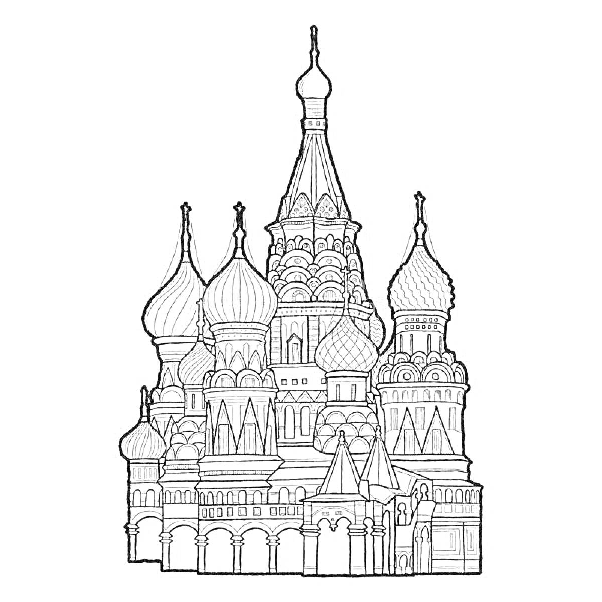Раскраска Рисунок кремля с архитектурными элементами, куполами и башнями