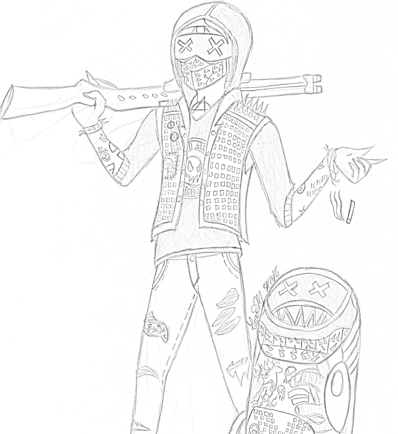 Раскраска Человек с оружием на плече, в маске и жилете, рядом с мусорным контейнером