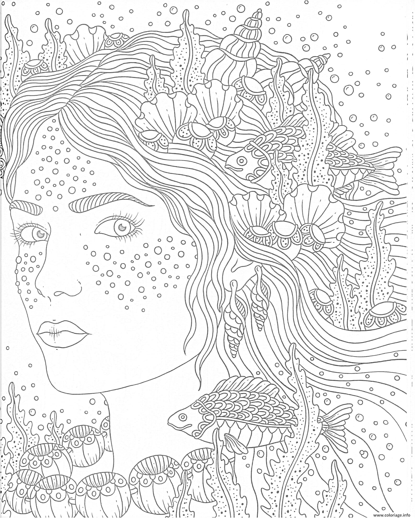 Раскраска Портрет девушки с водными цветами и рыбами в волосах на фоне водорослей