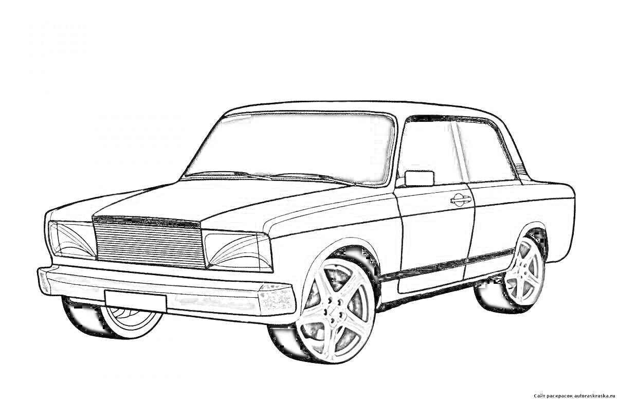 Раскраска ВАЗ 2103, передний вид, затемненные окна, низкопрофильные шины на стильных дисках, отсутствие крыльев