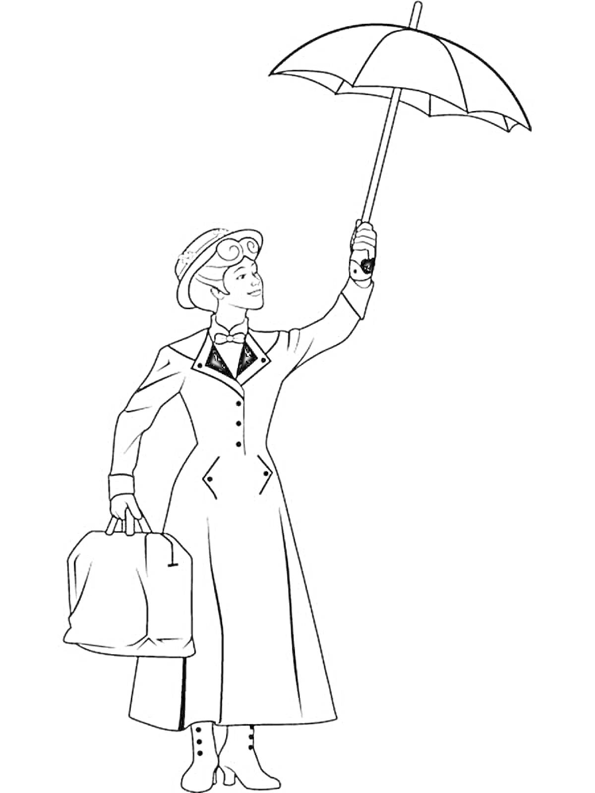 Раскраска Мэри Поппинс с зонтом и сумкой