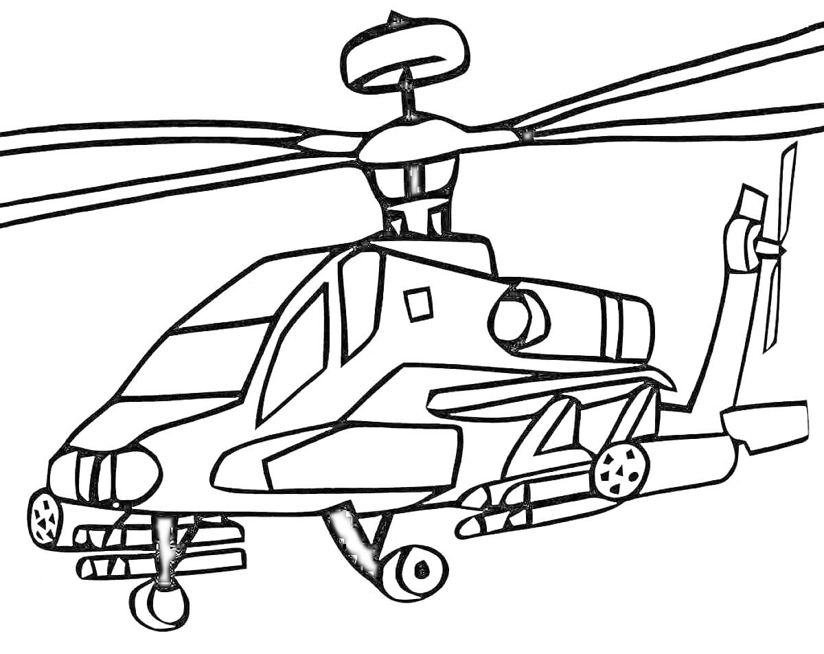 Военный вертолет с роторами, шасси и винтом сзади