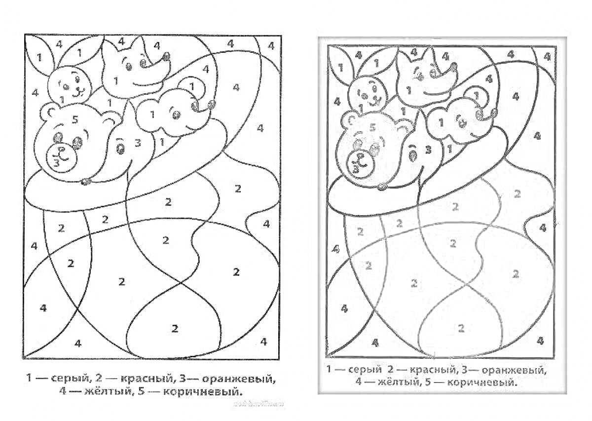 РаскраскаРаскраска по номерам с изображением медведицы и медвежат в шарфе