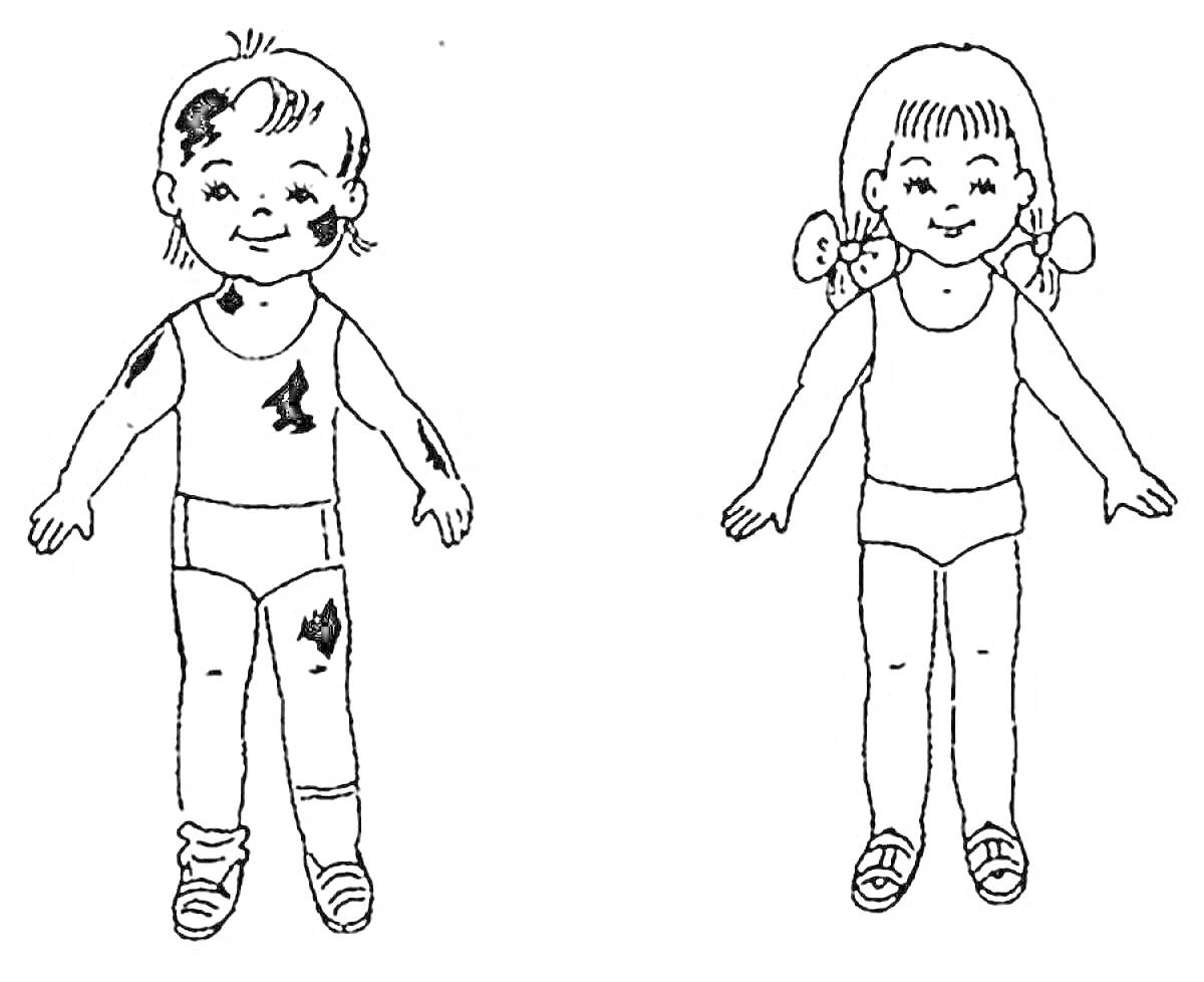 Раскраска Дети в трусах и майках с указанием частей тела
