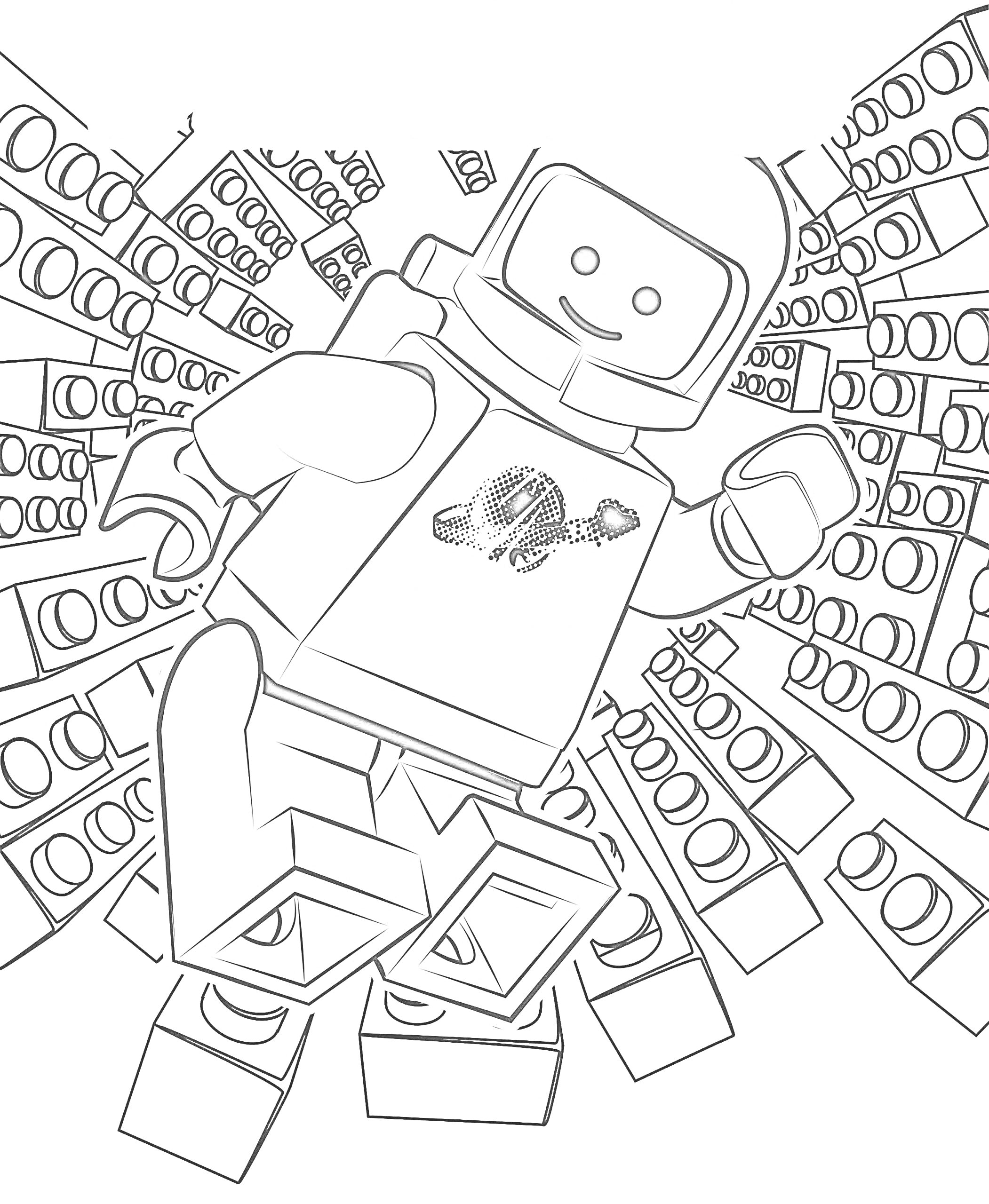 Раскраска Человек в скафандре из Лего на фоне кирпичиков Лего