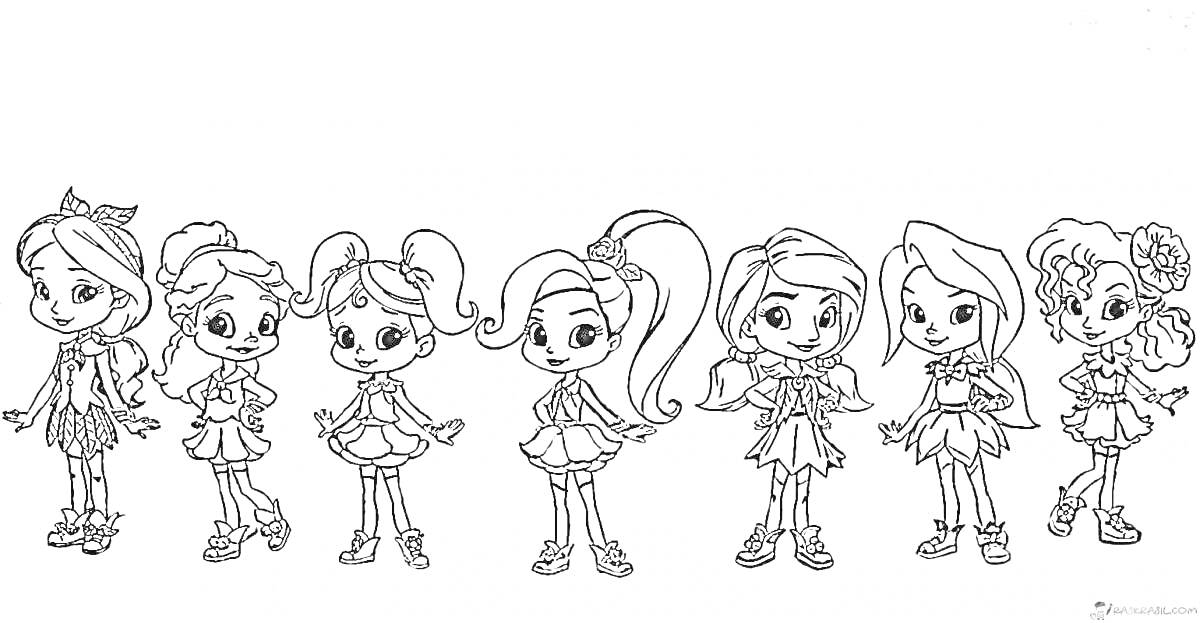 Семь девочек в платьях с разнообразными прическами