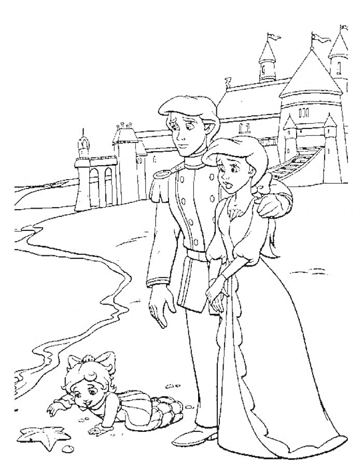 На раскраске изображено: Пляж, Принц, Принцесса, Ребёнок, Замок, Море, Песок, Семья