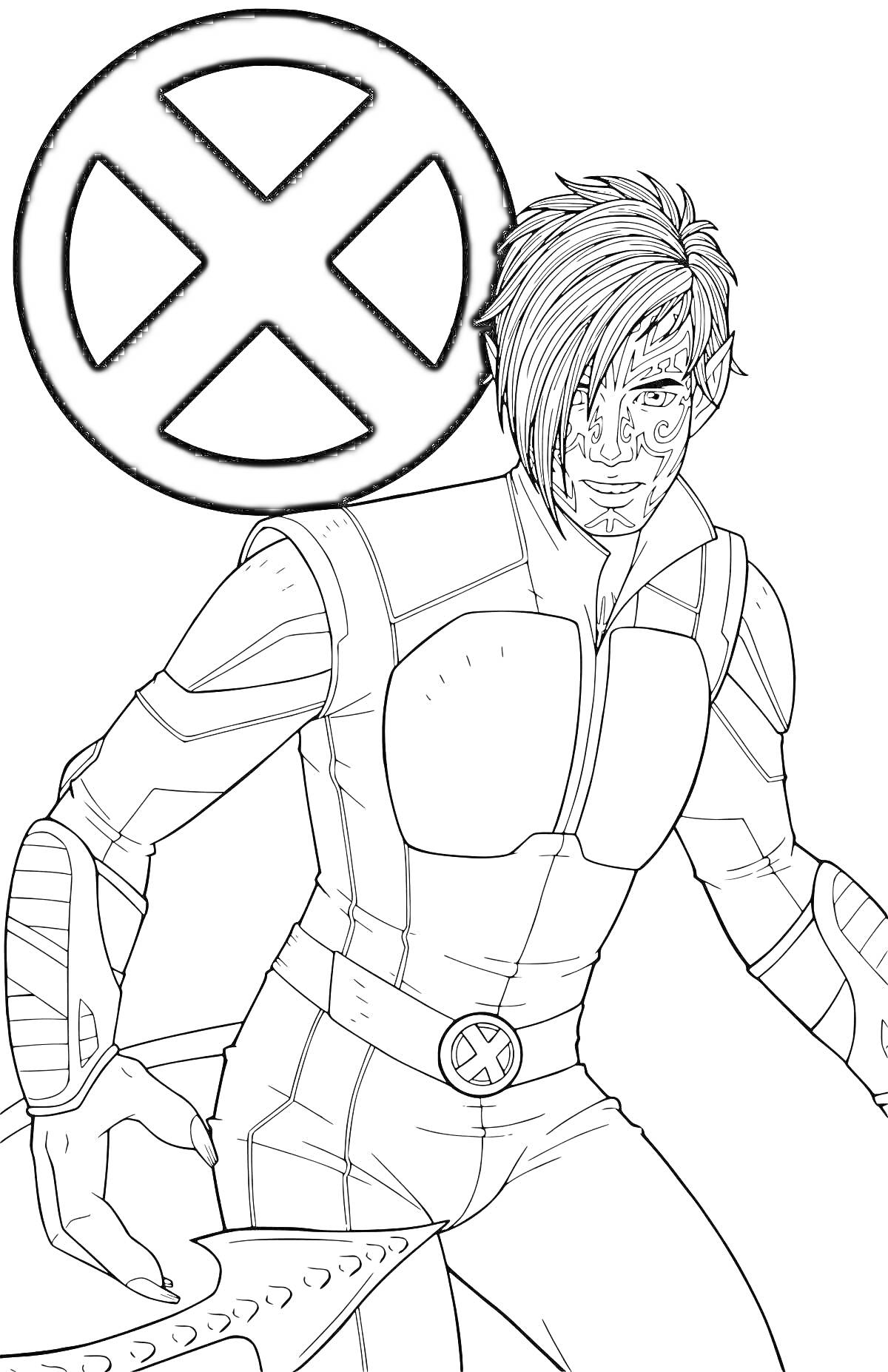 Раскраска Ксавье Торп с эмблемой X-Men, в костюме, с оружием