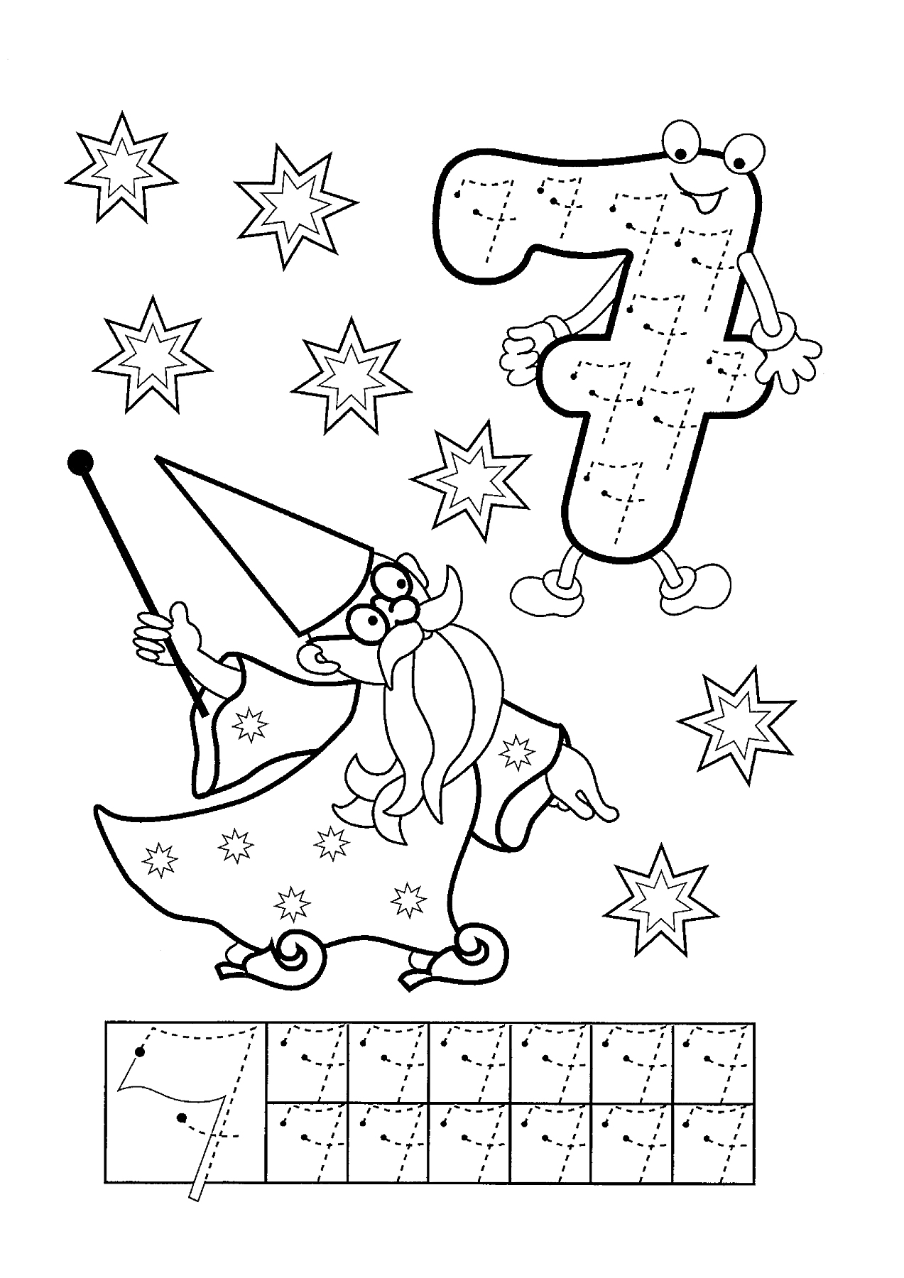Раскраска Цифра 7 с волшебником и звездами
