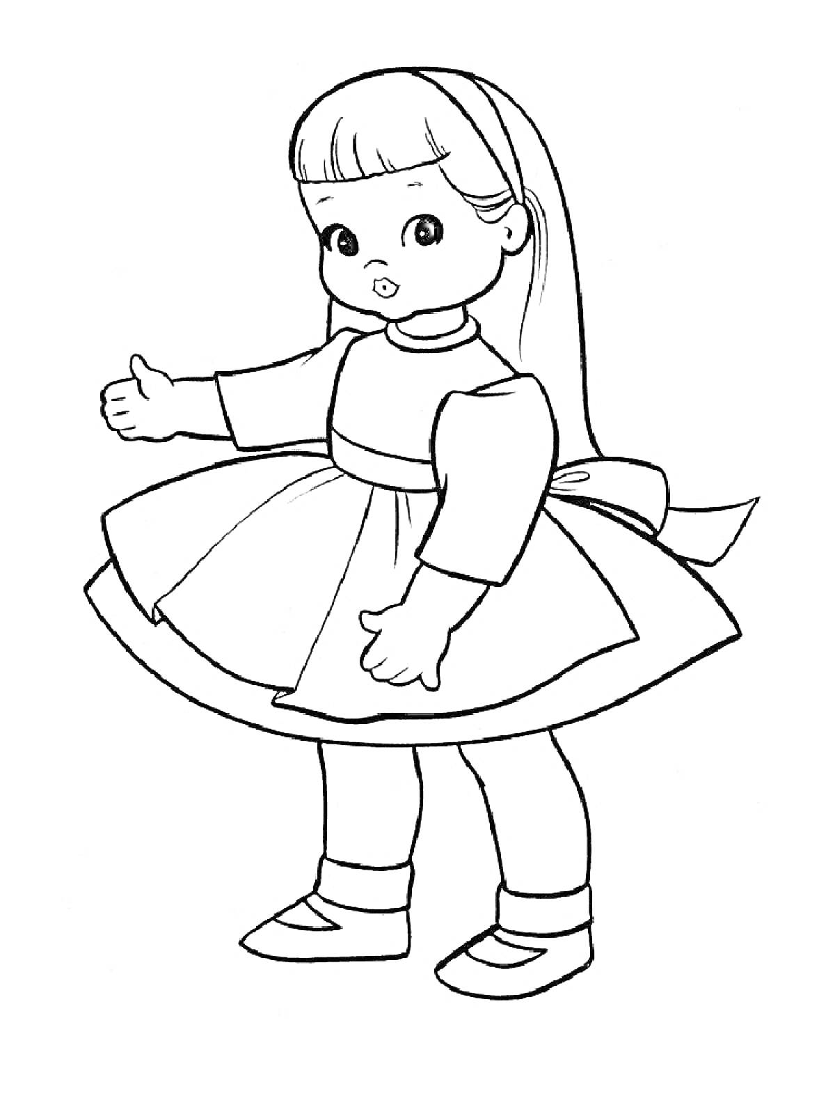 Раскраска Кукла в платье с поясом и бантом, с длинными волосами и ободком