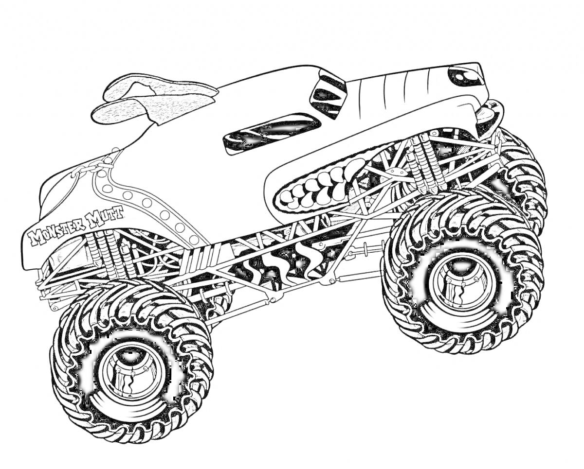 Раскраска Монстр-трак с закрученной трубой и анатомическими узорами на кузове и шинах