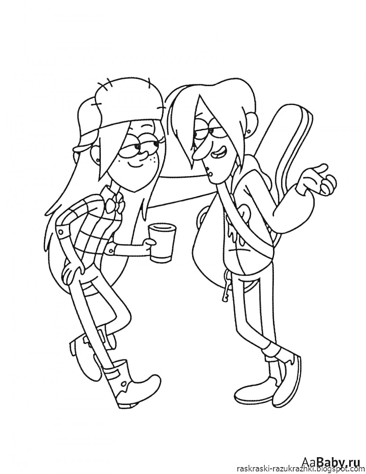 Раскраска Два персонажа Gravity Falls, один с чашкой и в меховой шапке, другой с гитарой за спиной
