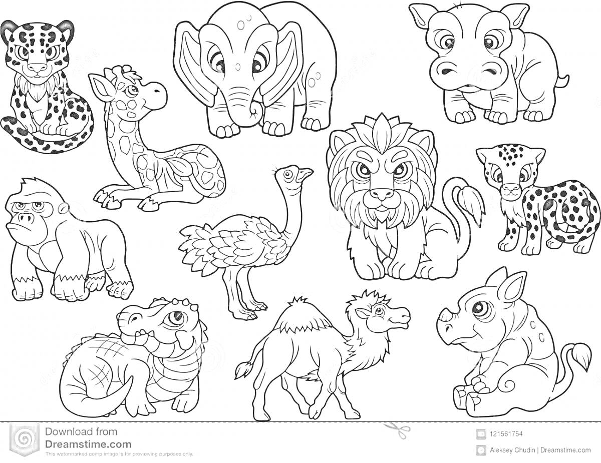 На раскраске изображено: Животные, Леопард, Слон, Бегемот, Лев, Гепард, Горилла, Страус, Верблюд, Носорог