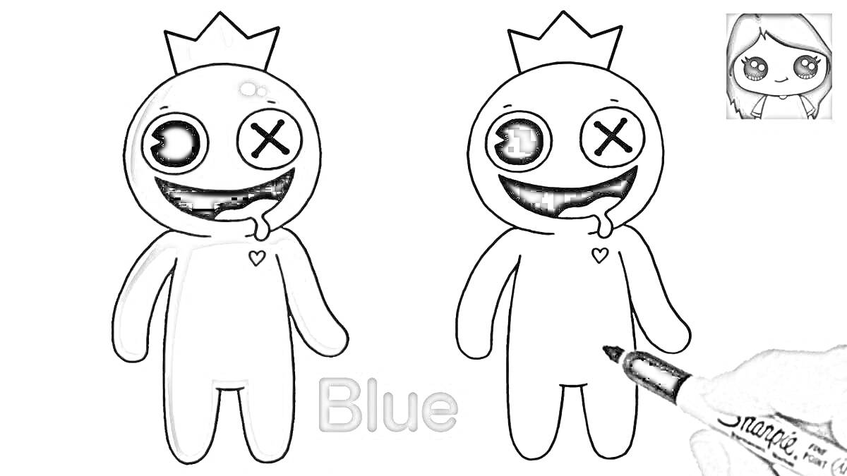 Раскраска Синий радужный друг с короной и языком, нарисованный персонаж, раскраска