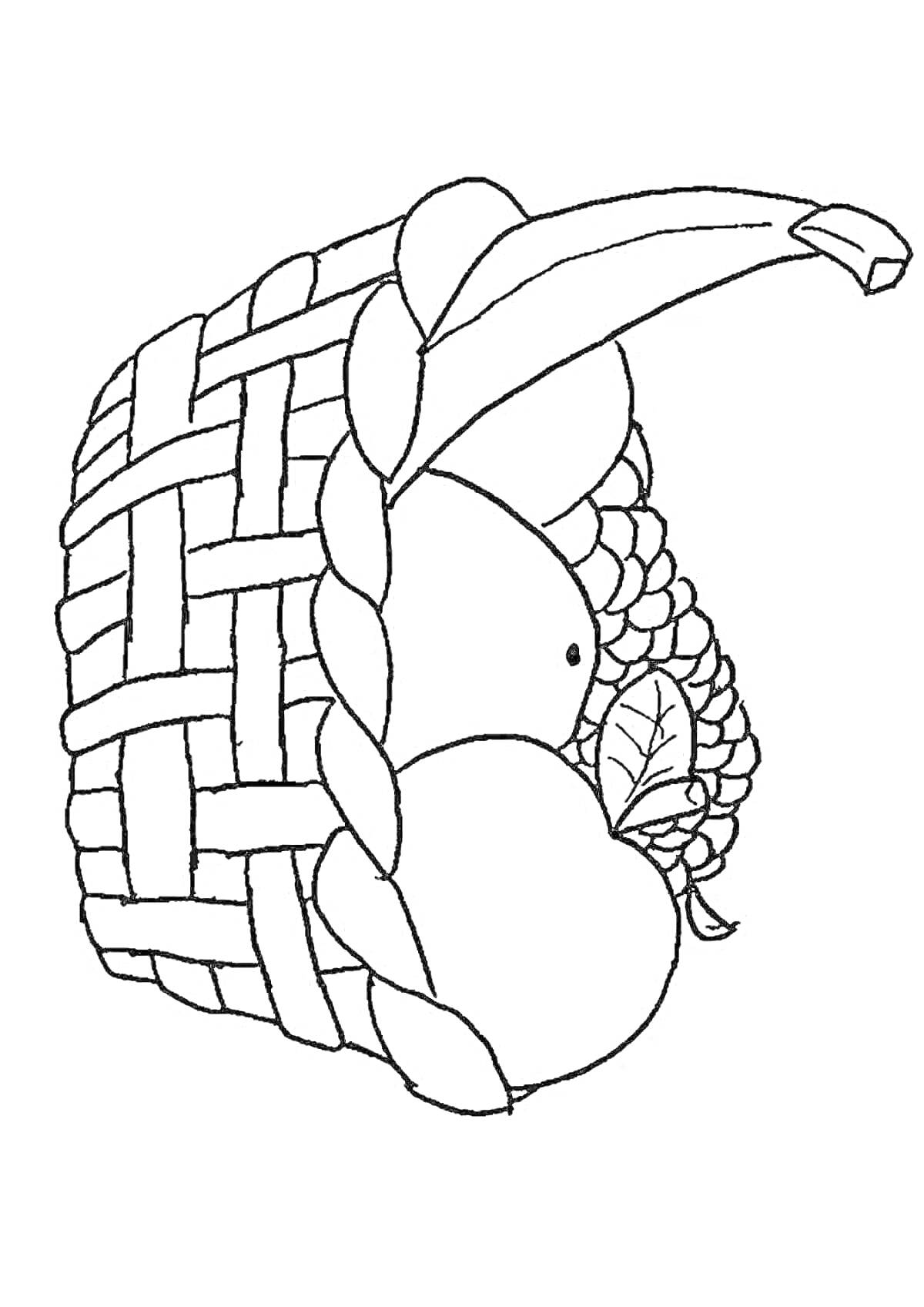 Раскраска Плетеная корзина с яблоком, грушей, бананом, виноградной гроздью и листом