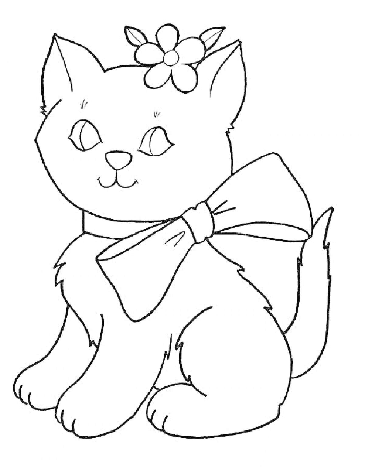 Раскраска Кошка с цветком на голове и бантом на шее