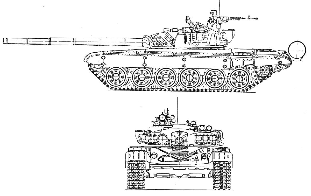 РаскраскаТ72 танк, вид сбоку и спереди, гусеницы, пушка, башня с пушкой, антенна, детали шасси