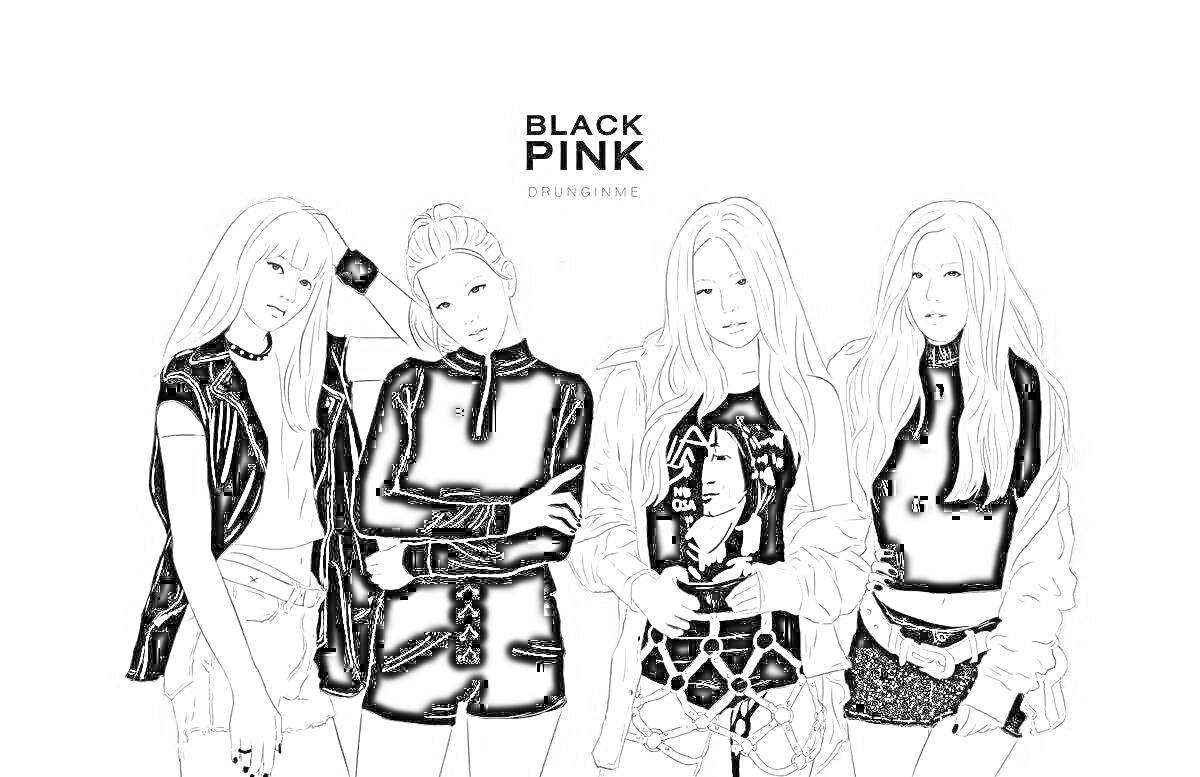 Раскраска Это изображение группы BLACKPINK, на котором изображены четыре участницы в черно-белых нарядах. На фоне группа на фоне серого цвета, над ними надпись 
