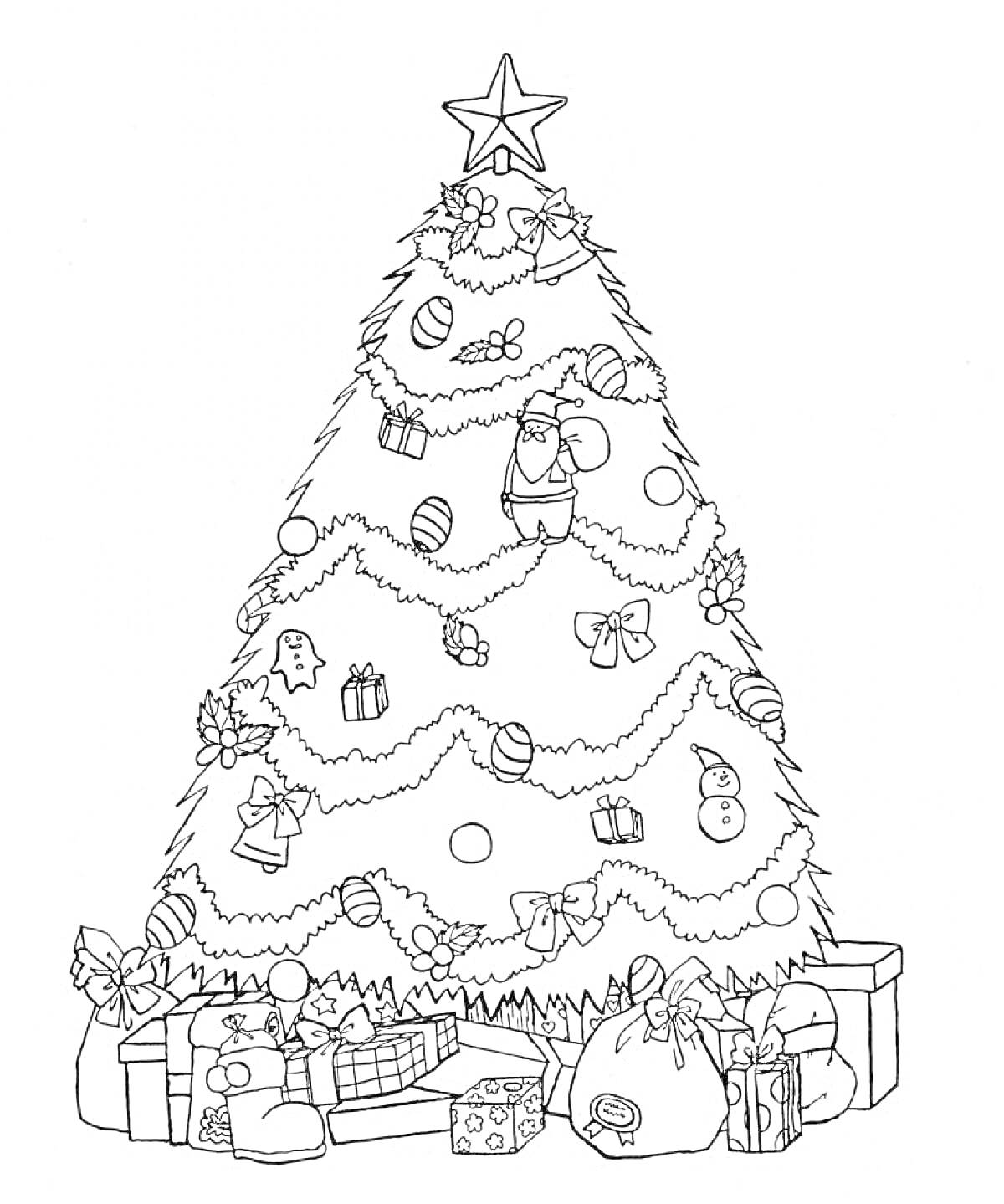 Раскраска Рождественская елка с украшениями, подарками и игрушками