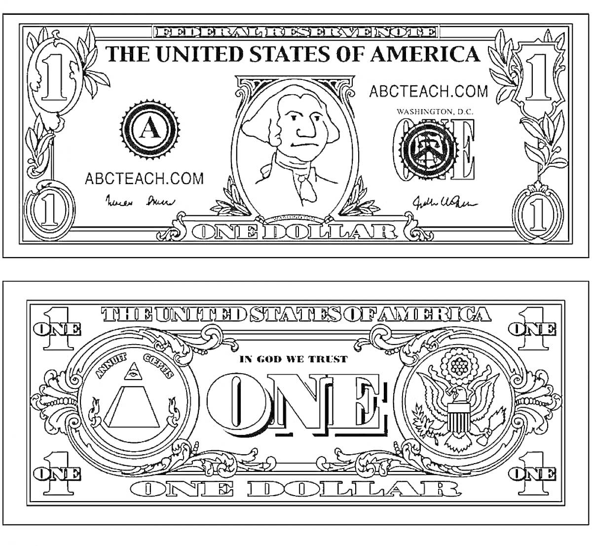 Раскраска долларовая купюра США с карикатурным лицом, цифрой 1 и текстом 