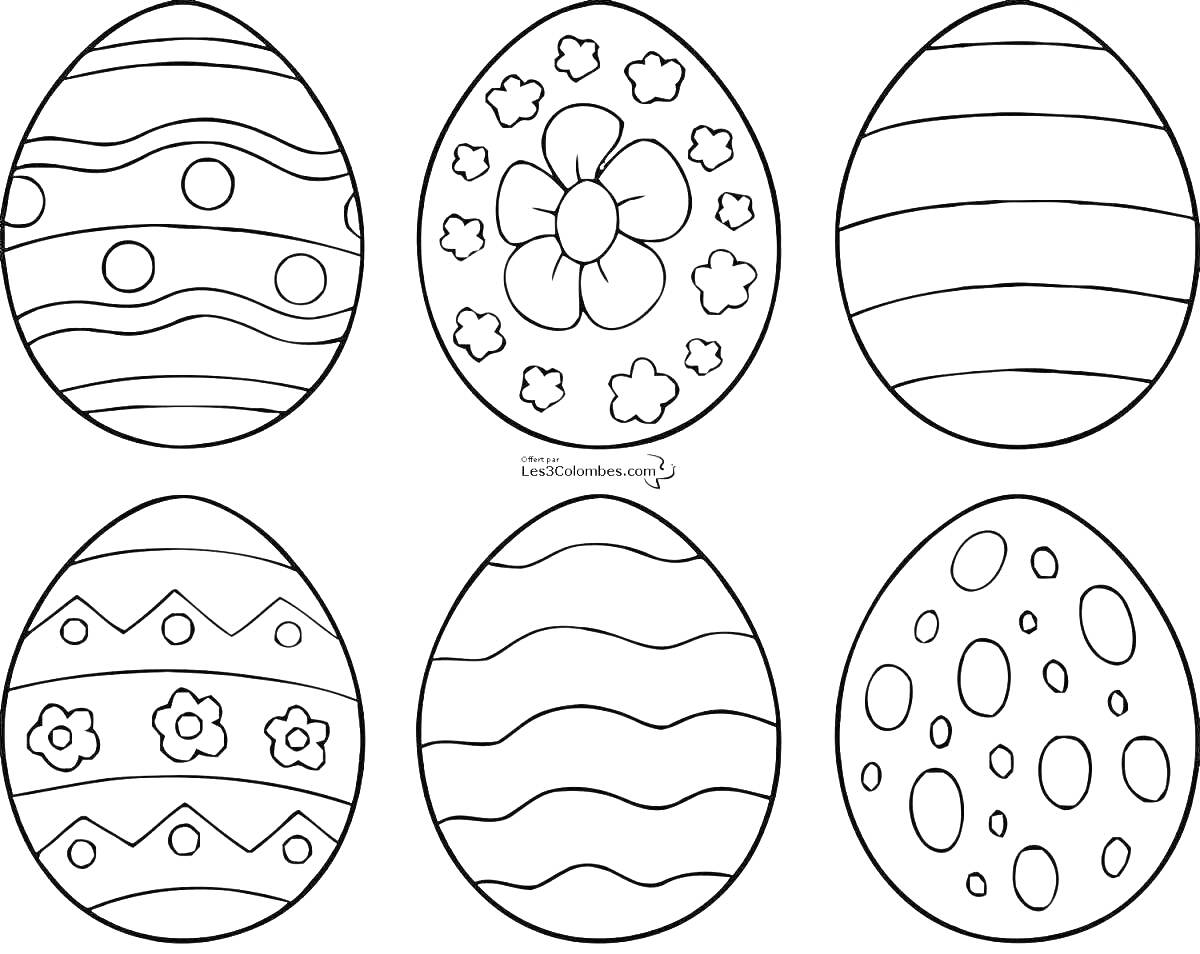 На раскраске изображено: Пасхальные яйца, Узоры, Полосы, Круги, Звезды, Волнистые линии, Декоративные яйца, Пасха