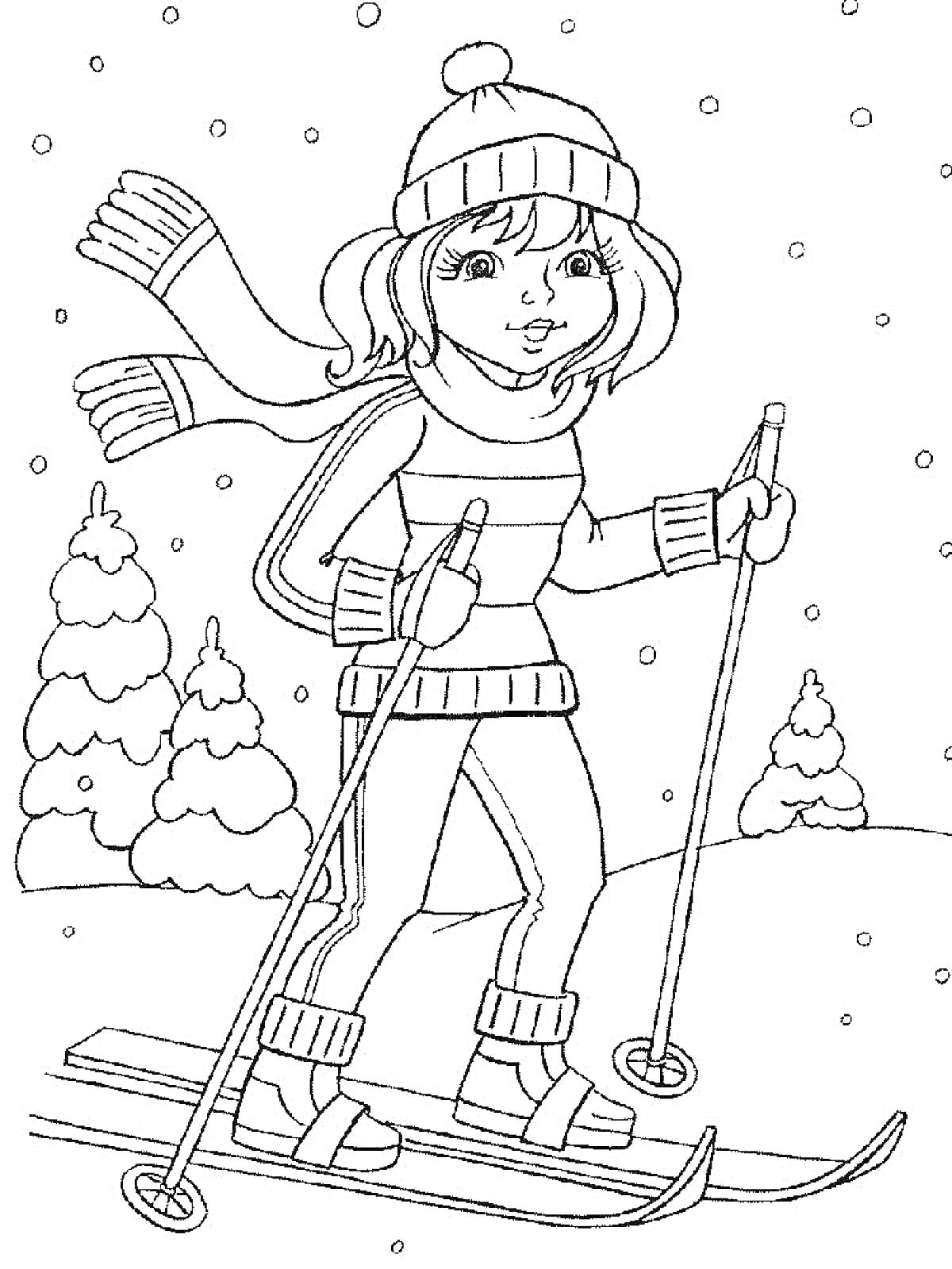 Раскраска Девочка на лыжах в зимнем лесу с падающим снегом и елками