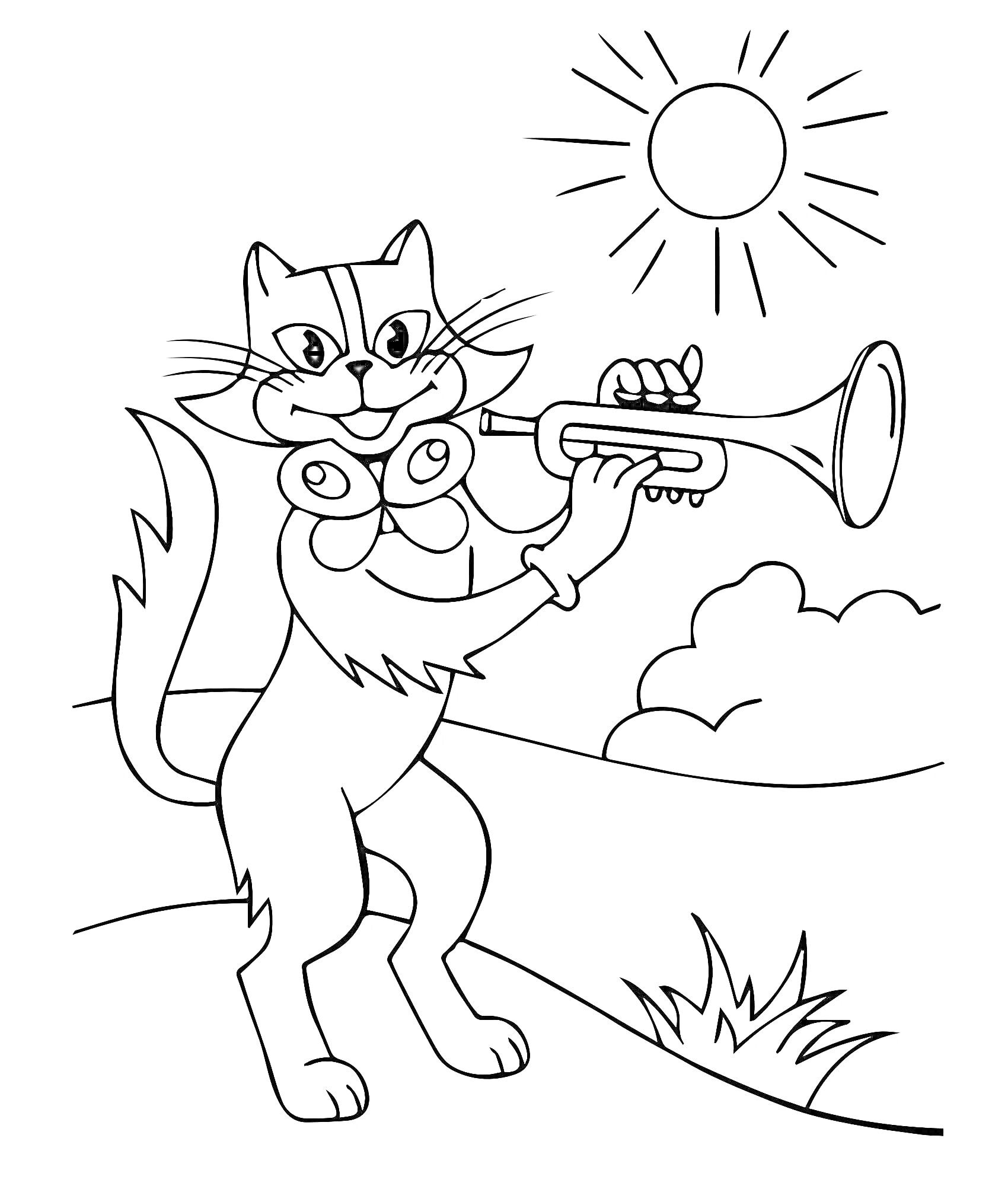 На раскраске изображено: Кот, Труба, Солнце, Природа, Бременские музыканты, Для детей