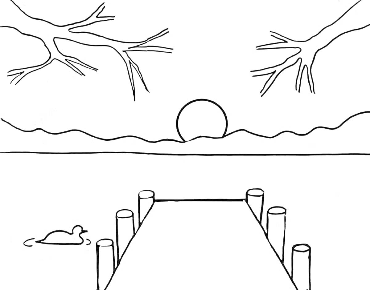 Раскраска Закат над озером с уткой, пирсом и ветками деревьев