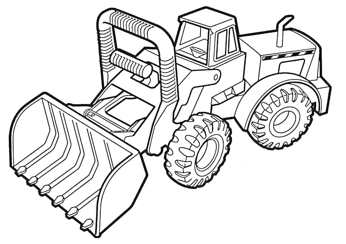 Раскраска Трактор с большой лопатой, кабиной, большими колесами и защитной решеткой