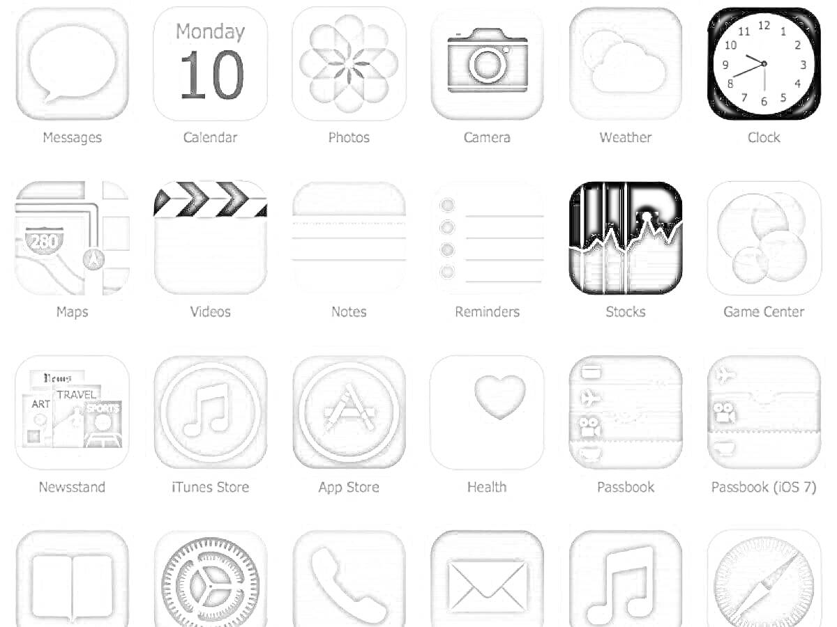 фото приложение на телефон (иконки сообщений, календаря, фотографий, камеры, погоды, часов, карт, заметок, напоминаний, акций, игр, новостной киоск, iTunes Store, App Store, здоровье, Passbook, компас, телефон, почта, браузер Safari, сообщения)