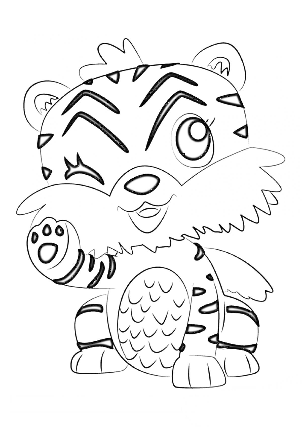Раскраска Милый тигренок, подмигивающий и машущий лапкой, с выразительными глазами и пушистой шерсткой