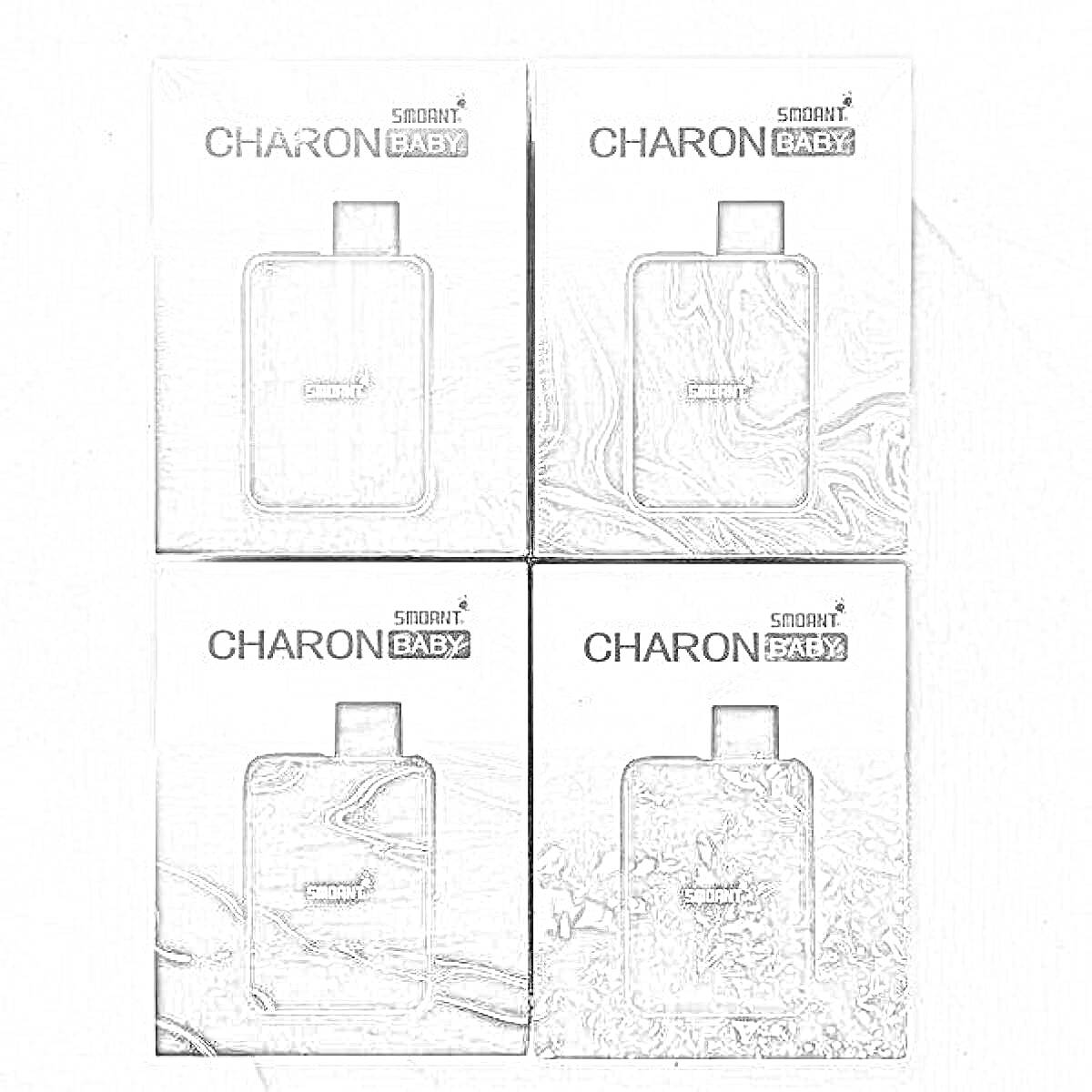 Раскраска Упаковки с изображением электронных устройств Charon Baby (4 шт.), оформленные в разном дизайне.