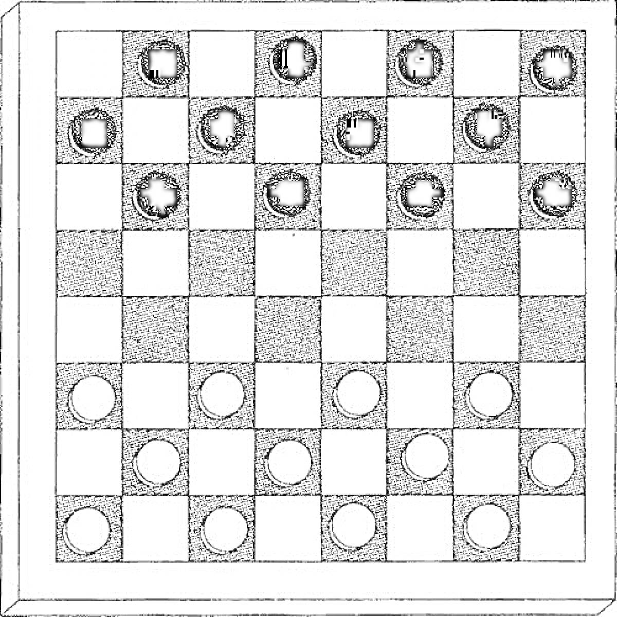 Доска для игры в шашки с черными и белыми шашками, расположенными в начальной позиции