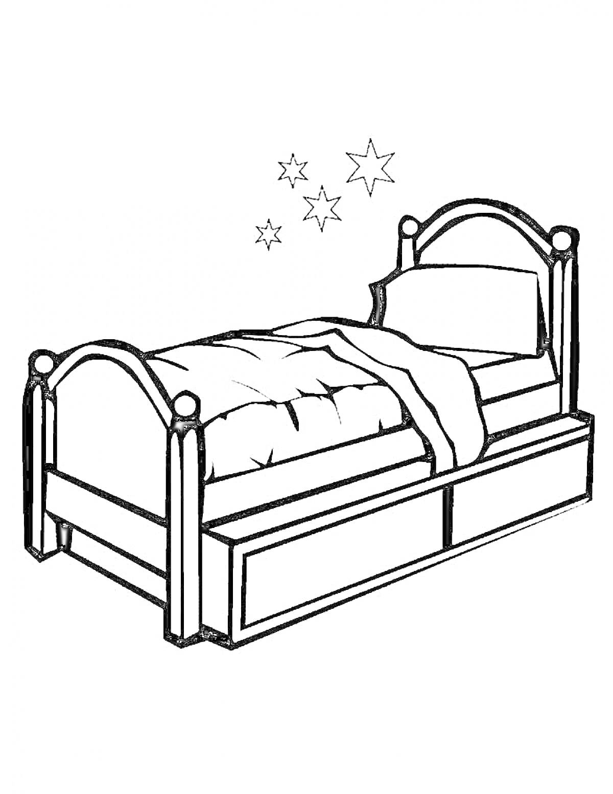 На раскраске изображено: Подушка, Одеяло, Звезды, Мебель, Сон, Кровати