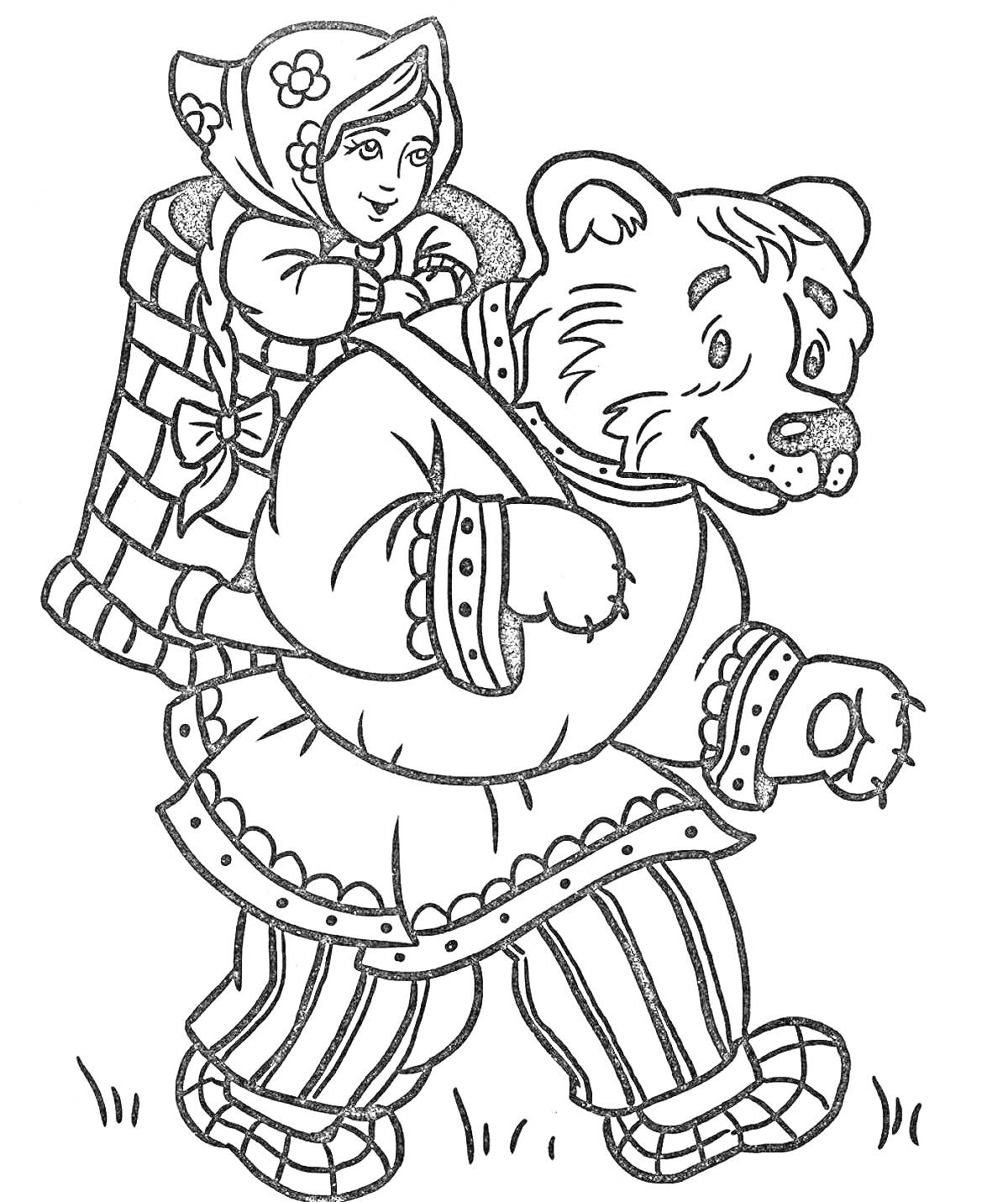 Раскраска Маша на спине у Медведя в корзине на природу