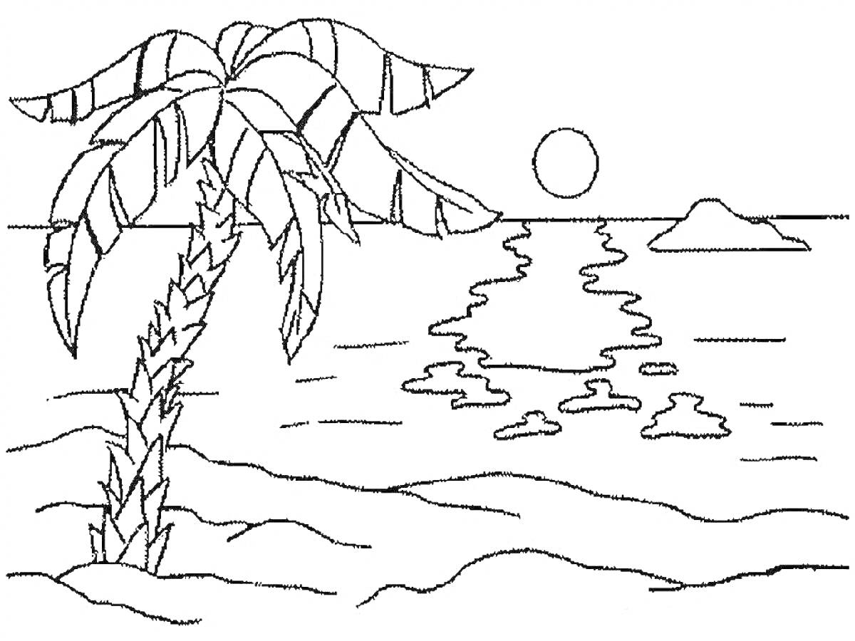 Раскраска Пальма на берегу моря с видимыми солнечными бликами на воде, гора и солнце на горизонте