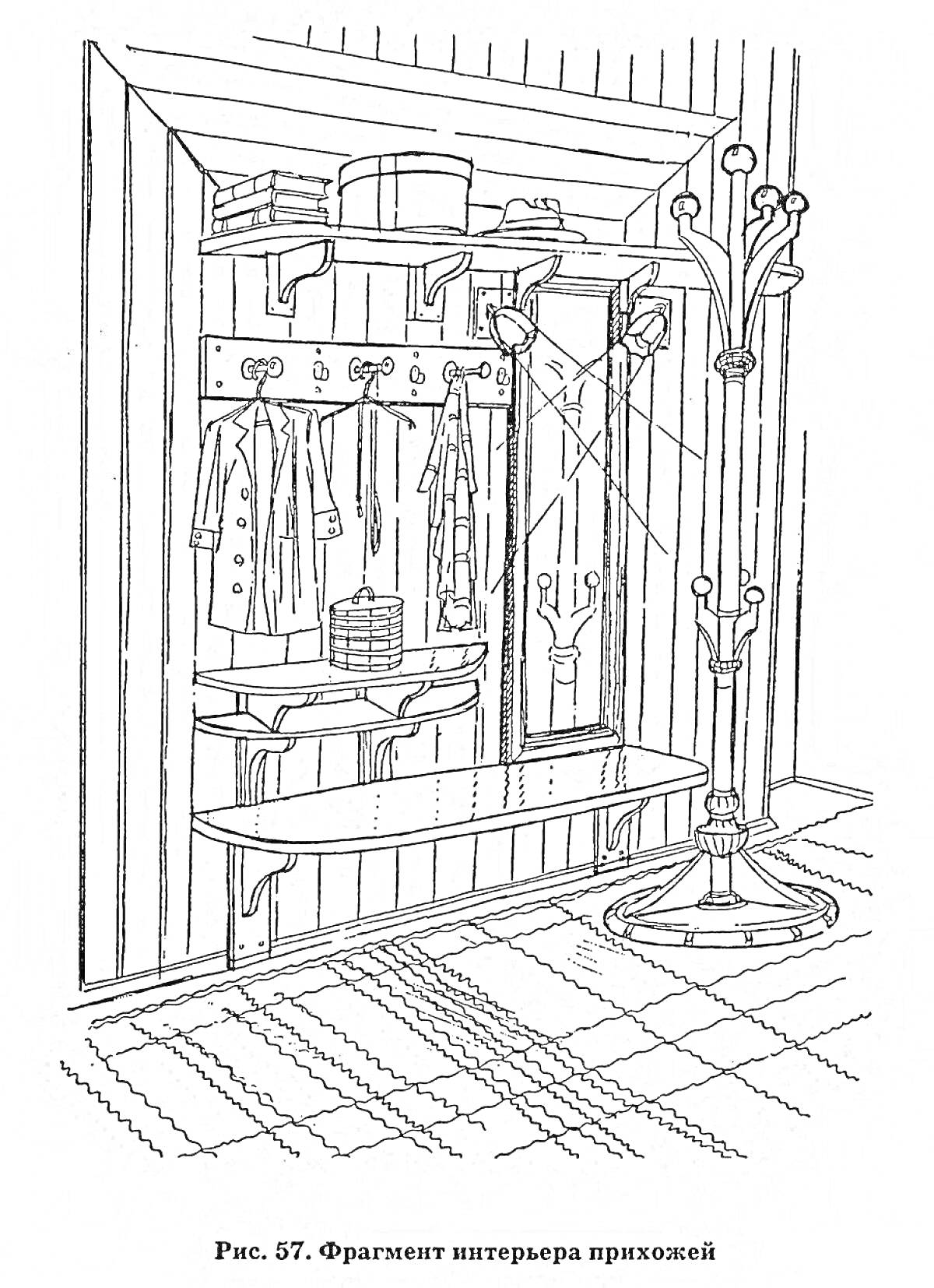 На раскраске изображено: Прихожая, Вешалка, Полки, Одежда, Интерьер