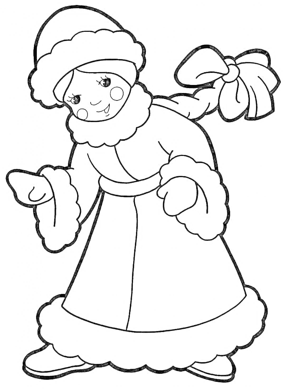 На раскраске изображено: Снегурочка, Зима, Женский персонаж, Бант, Зимняя одежда, Праздничный наряд