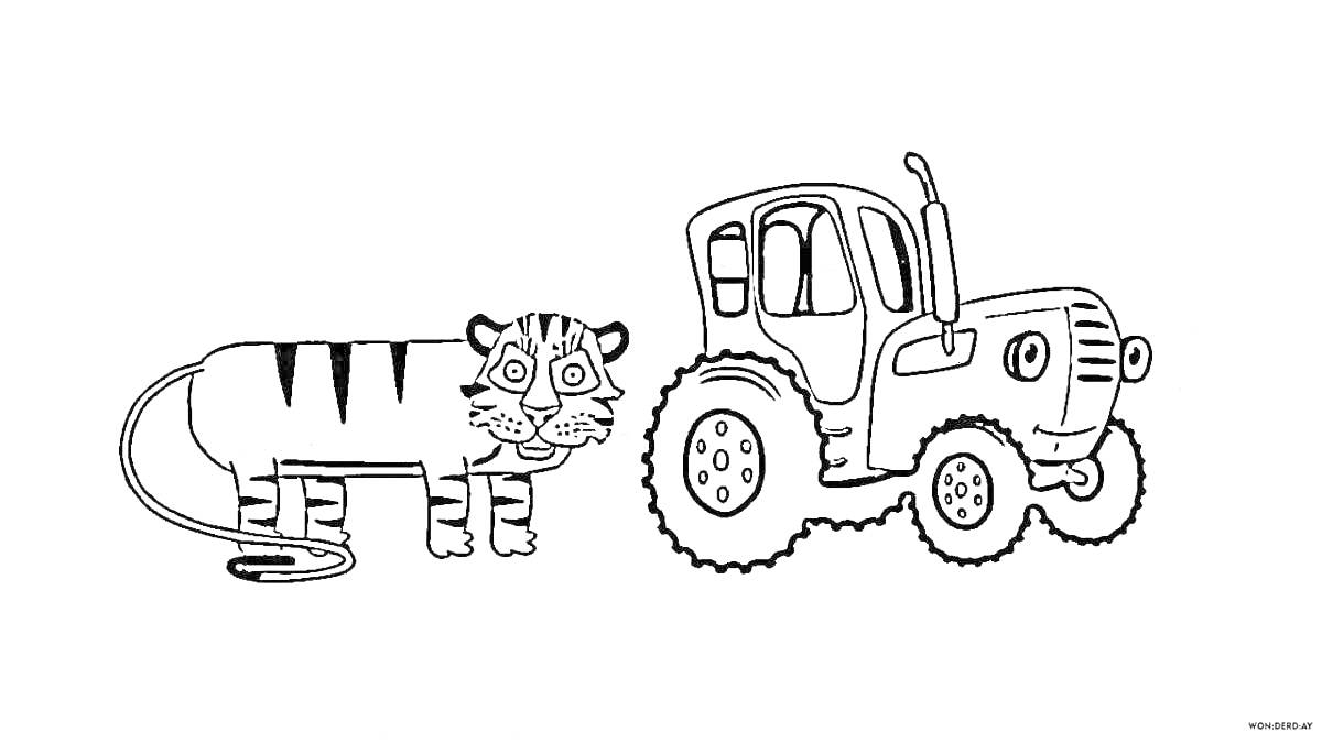 На раскраске изображено: Синий трактор, Тигр, Трактор, Транспорт, Для детей, Животные
