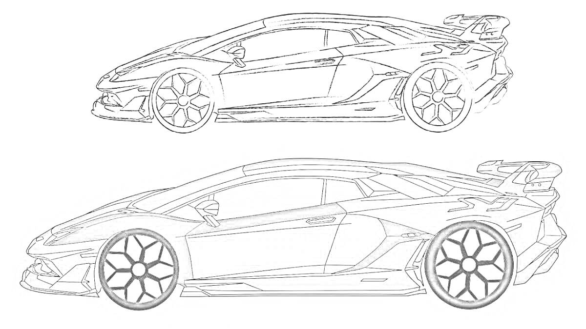Раскраска Две раскраски автомобиля Lamborghini Aventador - одна в черно-белом контуре, вторая в серой заливке