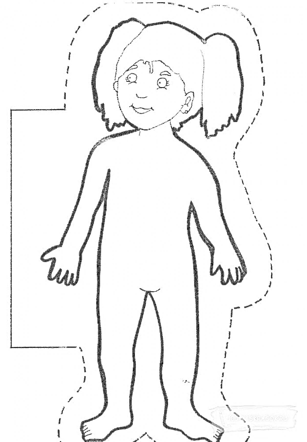 На раскраске изображено: Девочка, Тело человека, Анатомия, Руки, Ноги, Лицо, Хвост